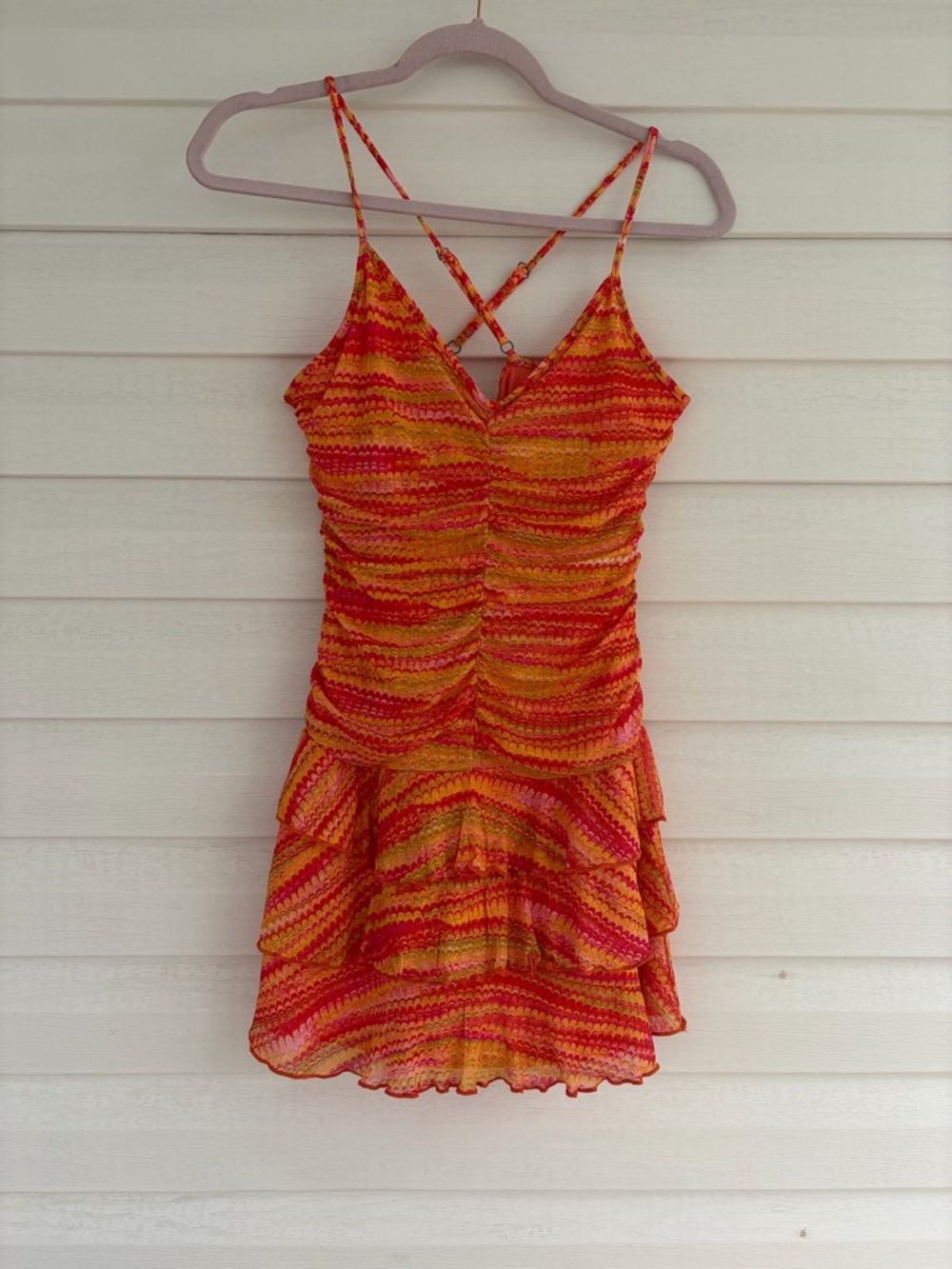 Vibrant Fire Sunset Strappy Summer Dress Boho Festival Midi Tiered Dress Size M